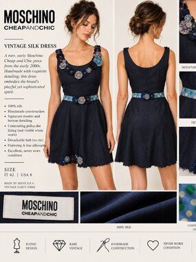 Rare Vintage Moschino Cheap and Chic 100% Silk Rosette Dress IT 42 USA 8